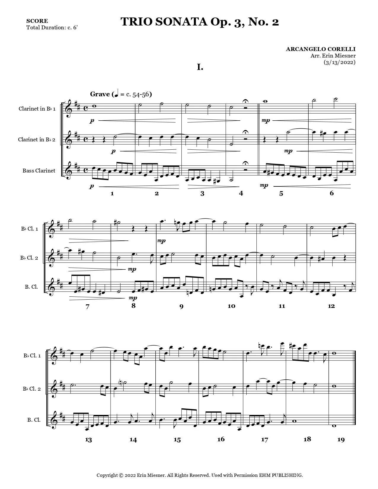 ルカリオ！エスクラリネット3点セット Corelli Trio Sonata Op. 3, No. 2 for Clarinet Trio — EHM Publishing